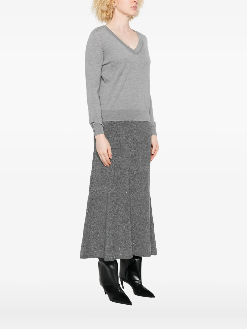 Liu •jo Button-cuff V-neck Top In Gray