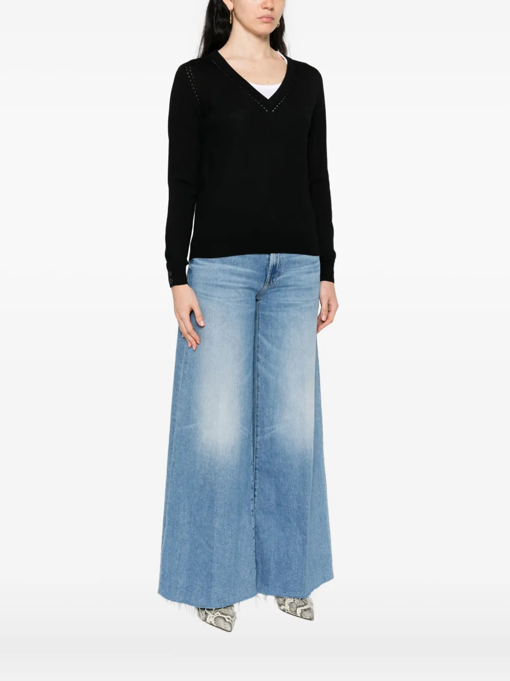 Liu •jo Button-cuff V-neck Jumper In Black