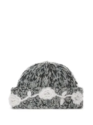 GANNI flower-crochet hand-knit Beanie Hat | Grey | FARFETCH