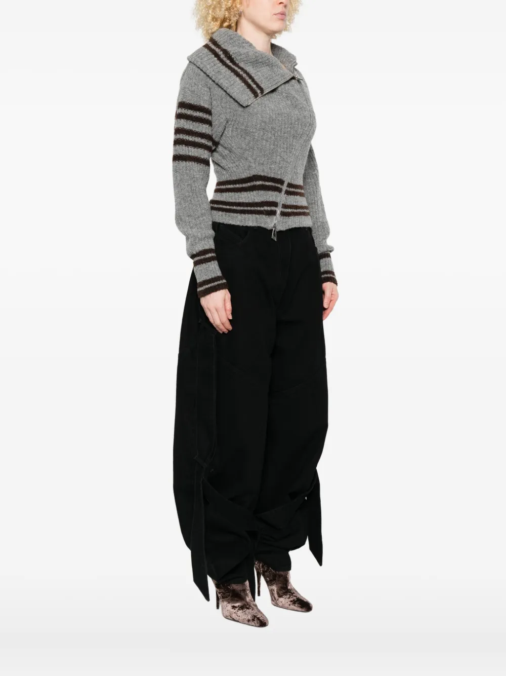 Attico Womens Asymmetric High-neck Knitted Cardigan Melange Grey In Multi