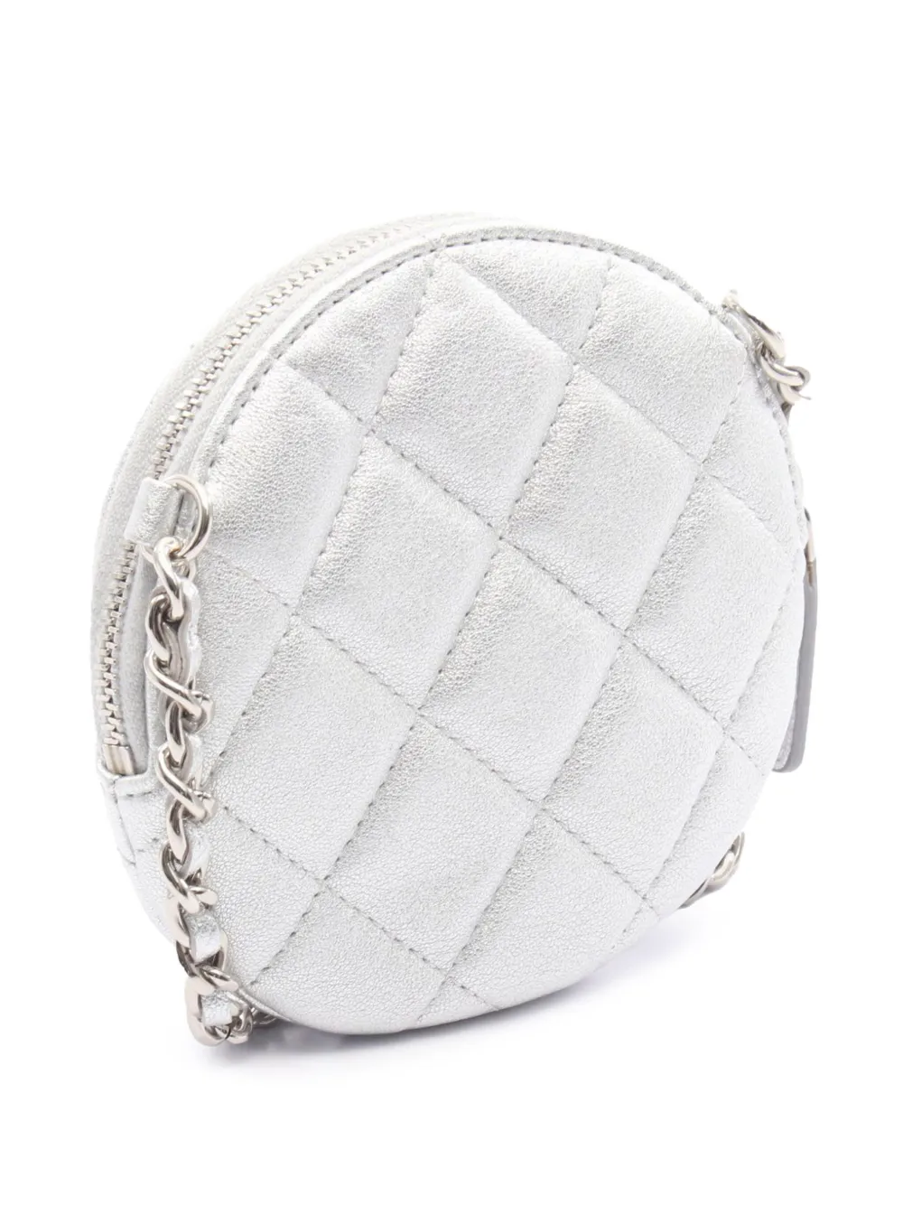 Pre-owned Chanel 2021 Mini Cc Metallic Lambskin Camellia Bouquet Round Clutch On Chain Crossbody Bag In Silver