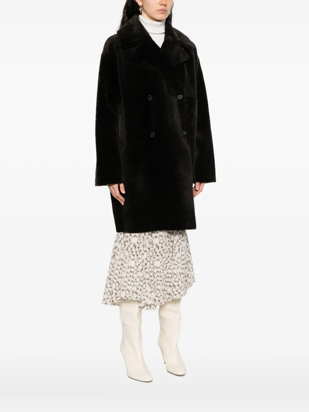 Utzon Shearling Double-breasted Coat In Brown