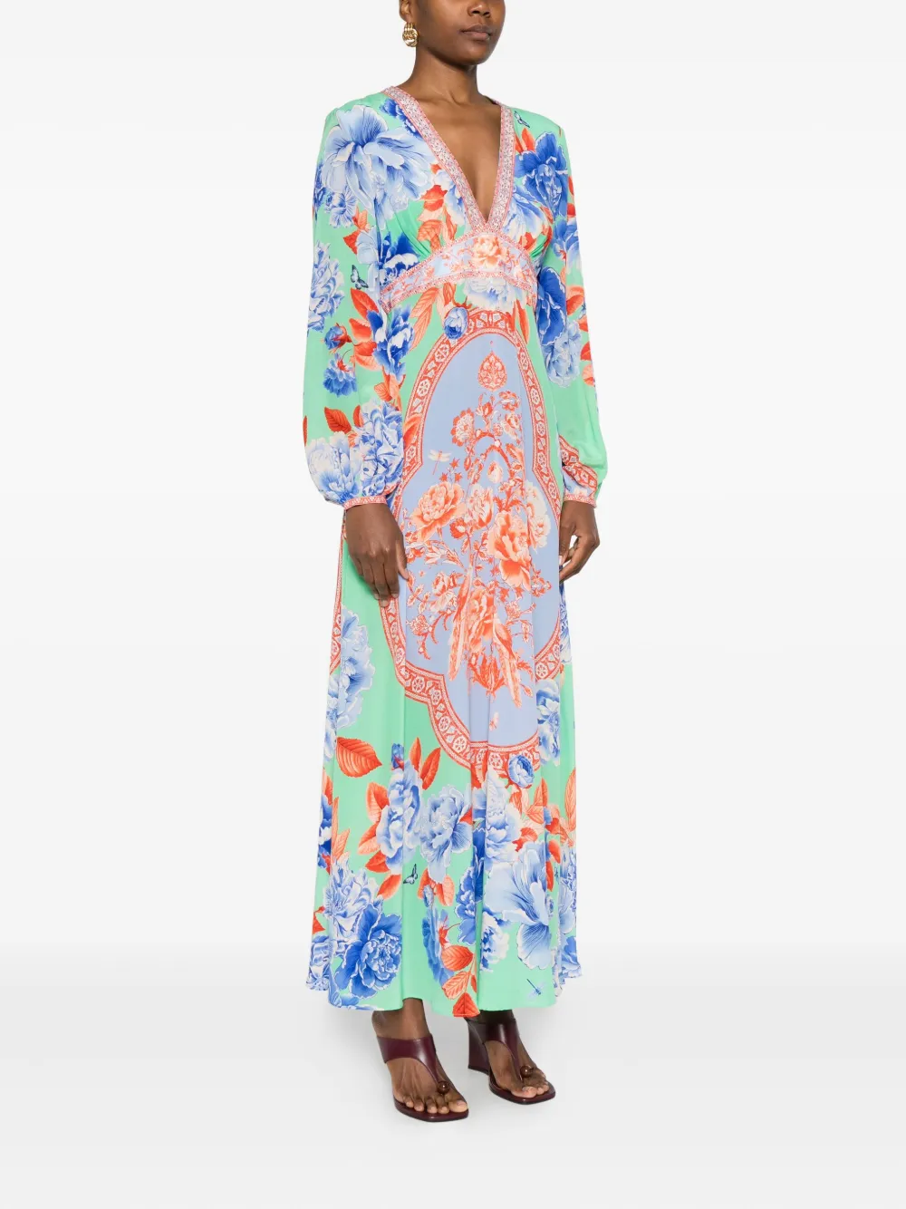 Camilla Maxi-jurk met bloemenprint en V-hals Blauw