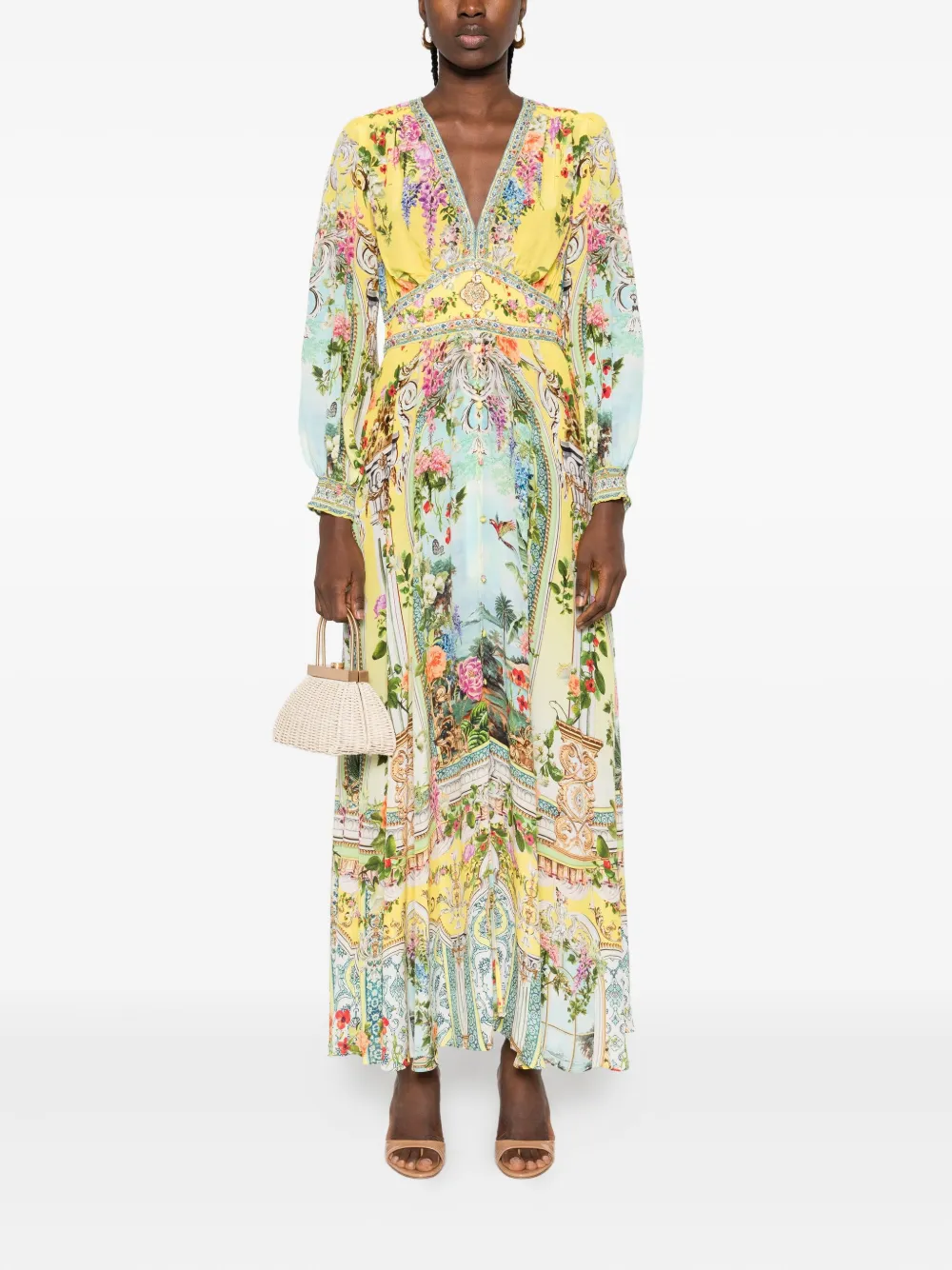 Camilla palace-print button-front dress - Geel