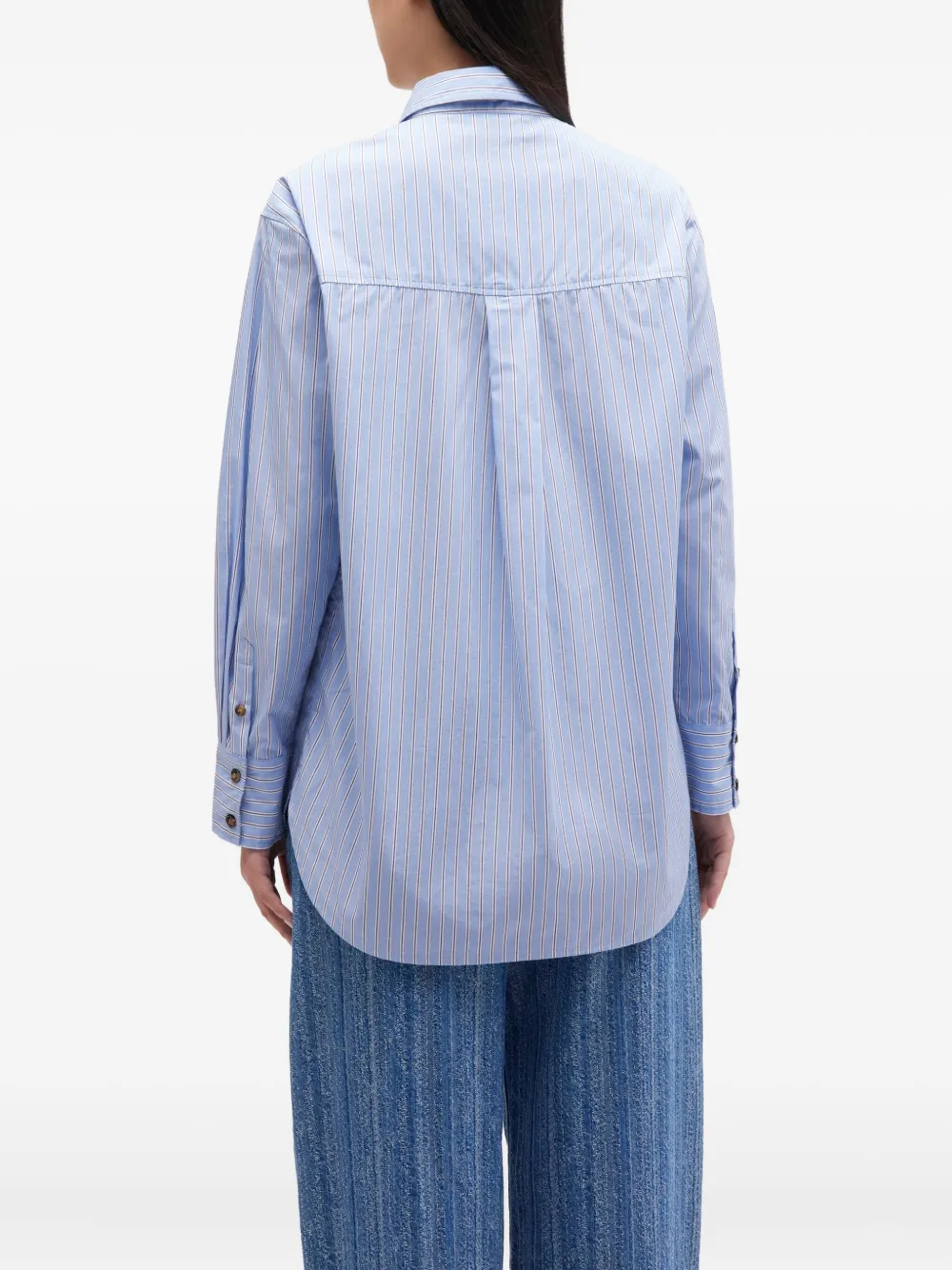 Ganni Long Sleeve Cotton Shirt With Graphic Print In Blue