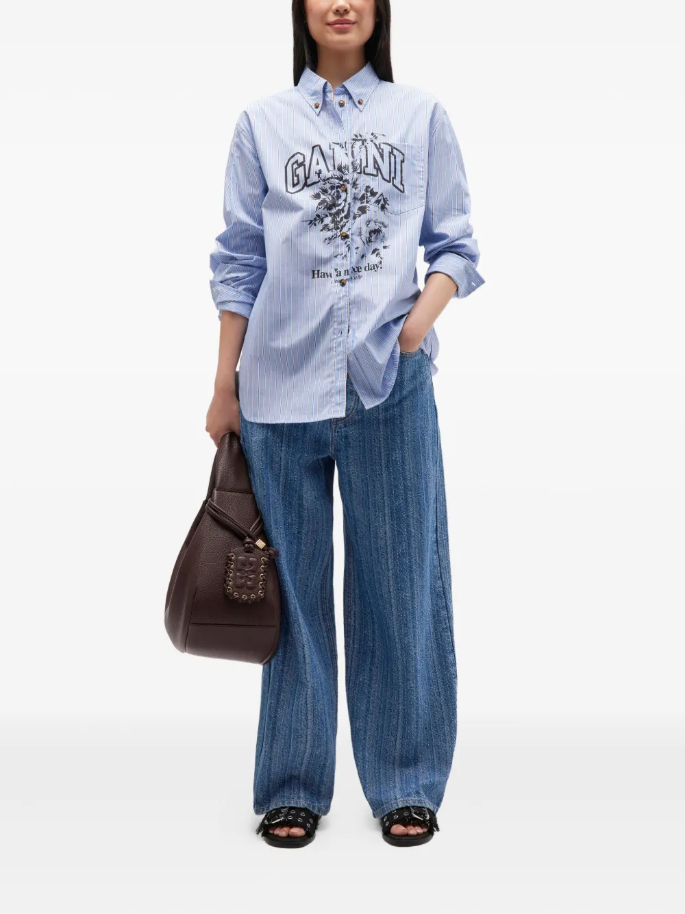 GANNI Gestreepte blouse met grafische print - Blauw