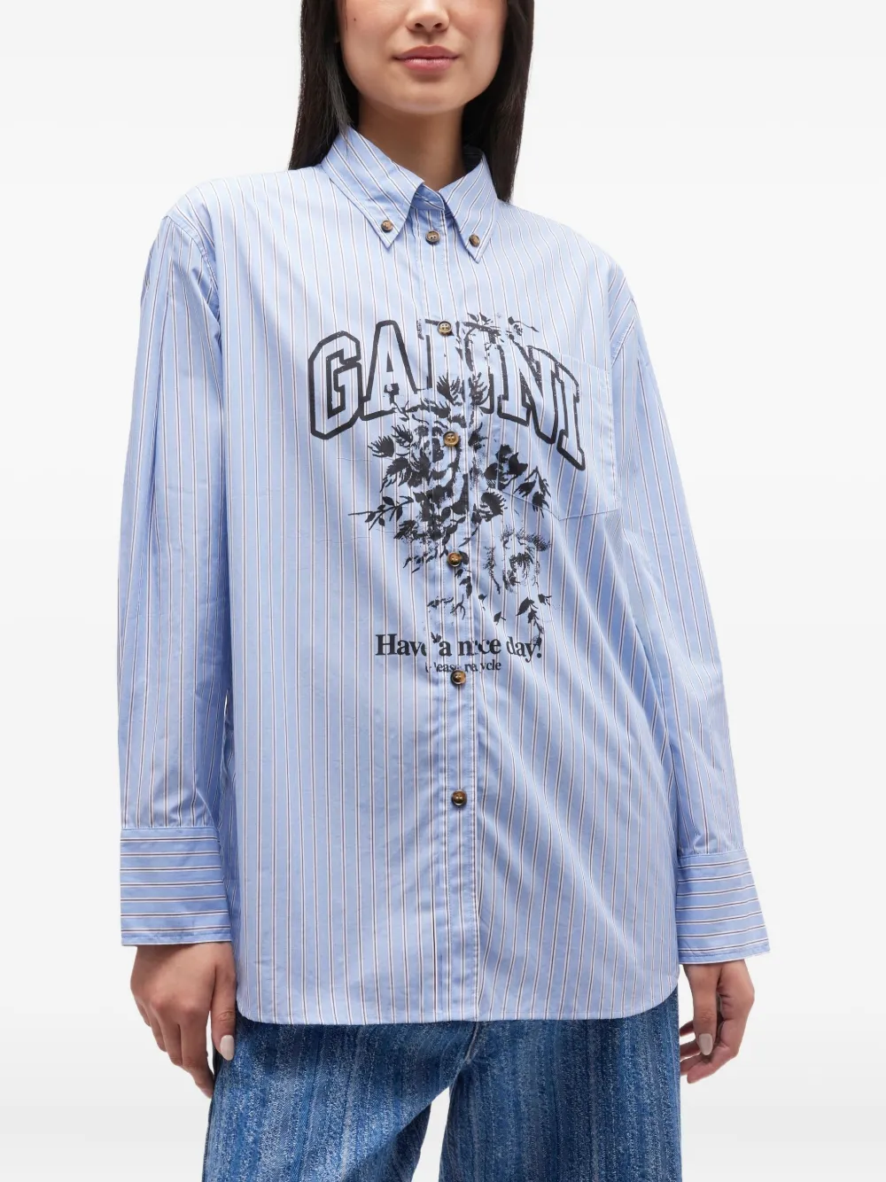 Ganni Long Sleeve Cotton Shirt With Graphic Print In Blue