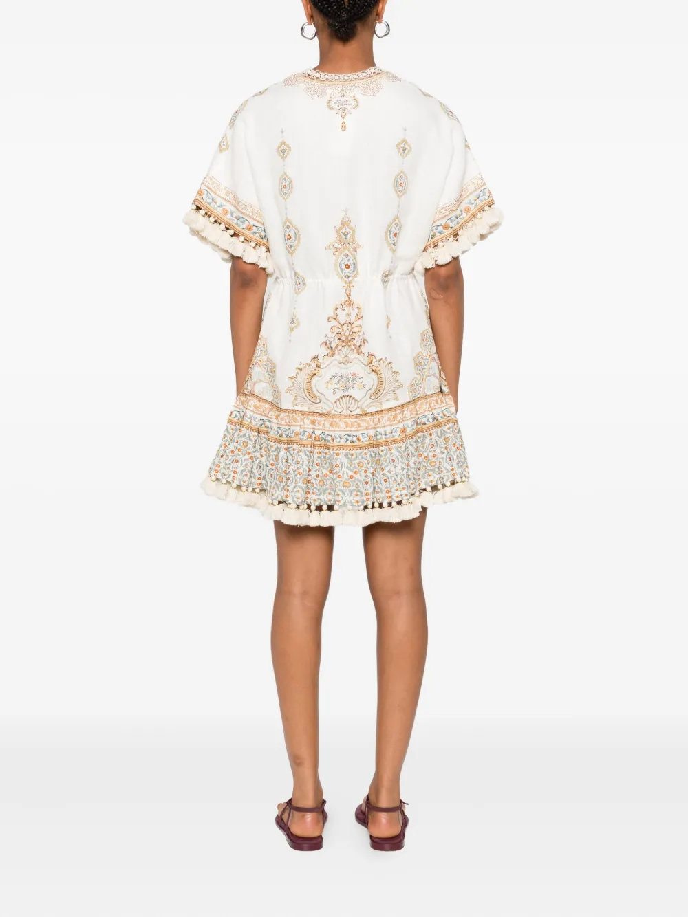 Camilla pom-pom trim V-neck mini dress Wit