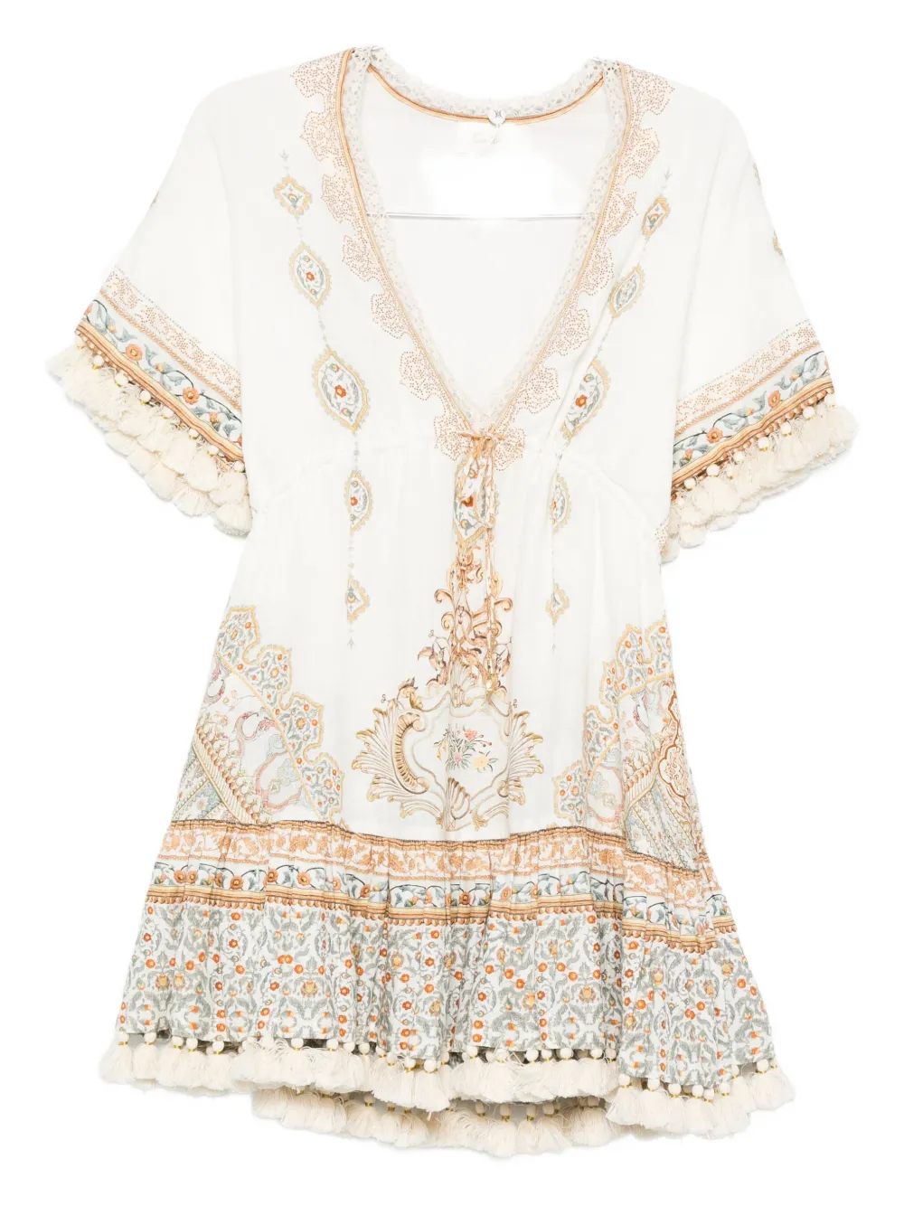 Camilla pom-pom trim V-neck mini dress Wit