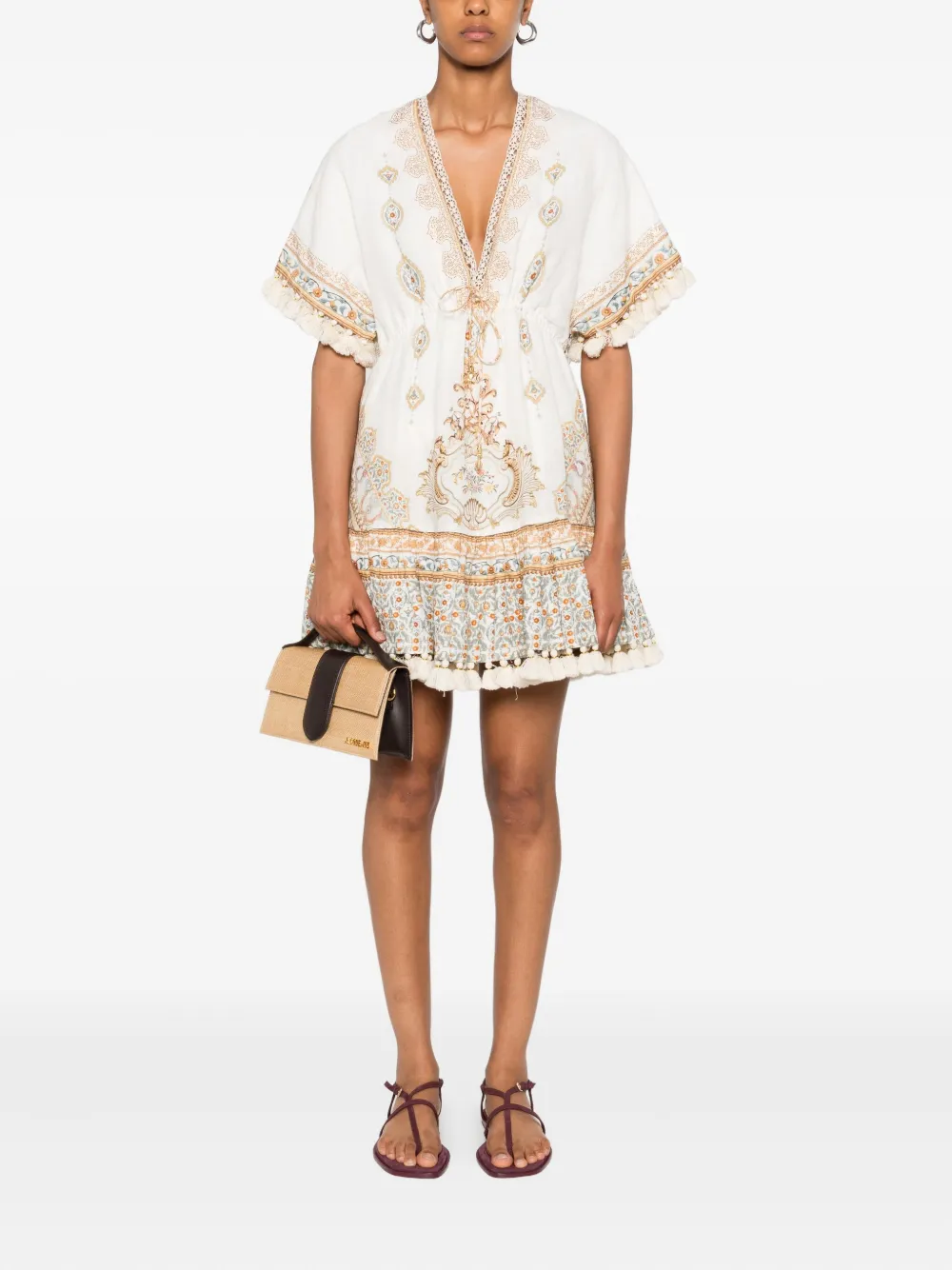 Camilla pom-pom trim V-neck mini dress Wit