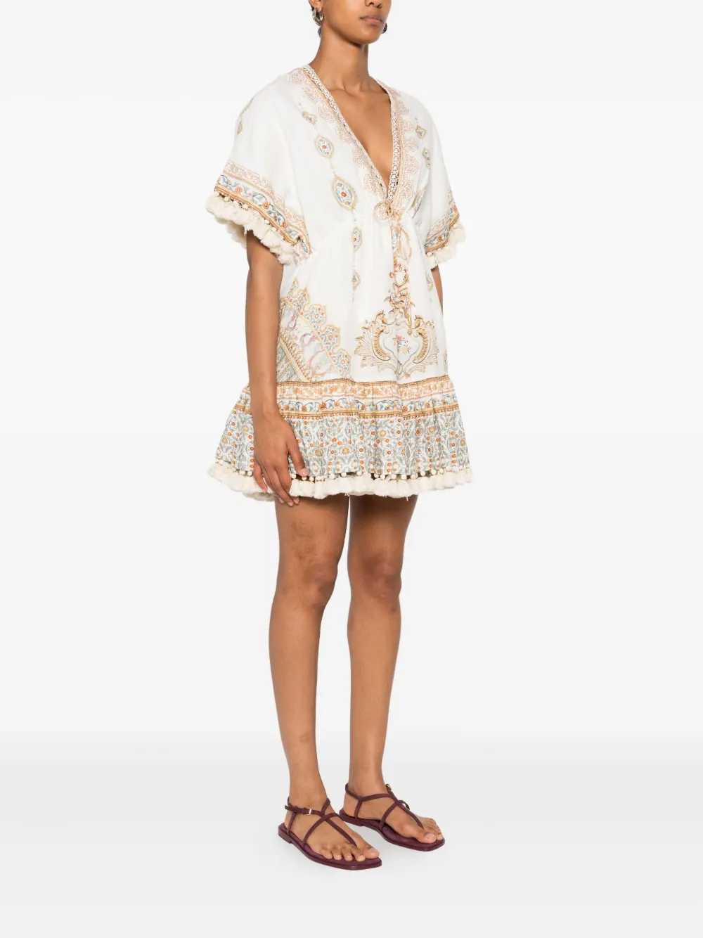 Camilla pom-pom trim V-neck mini dress Wit