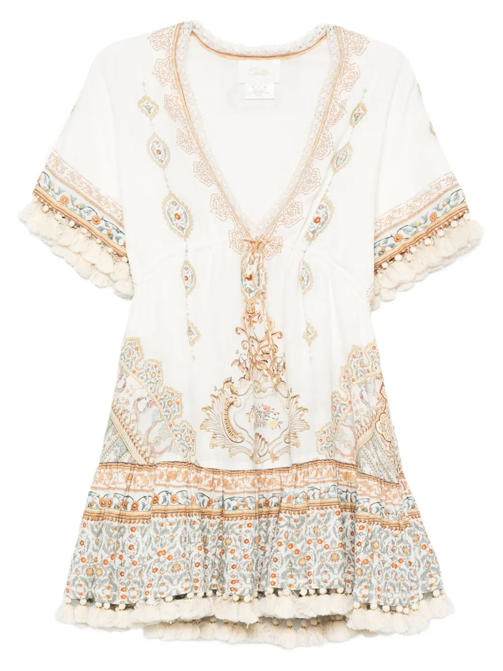 Camilla pom-pom trim V-neck mini dress Wit
