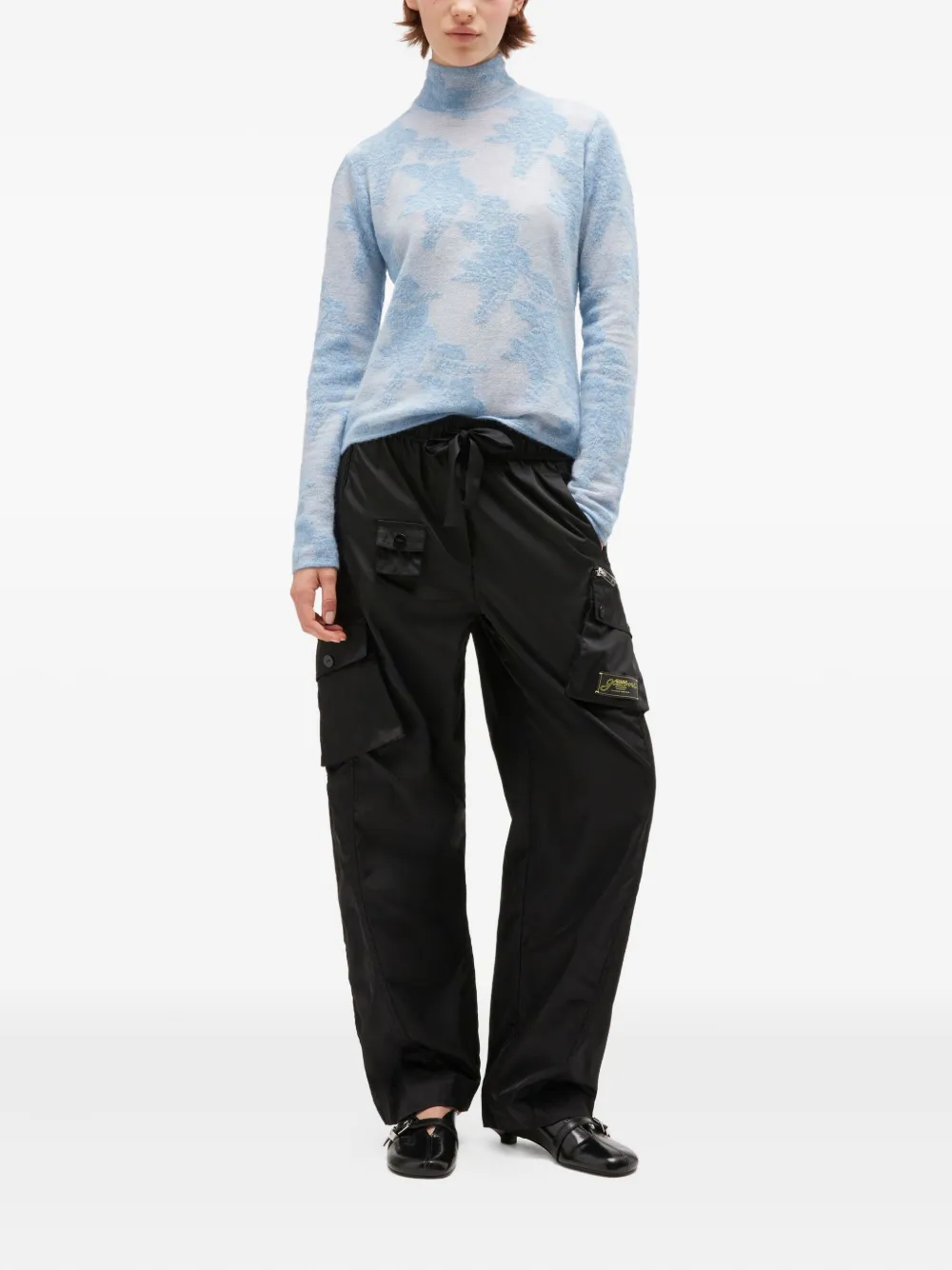 Ganni Flower-jacquard Mockneck Sweater In Blue