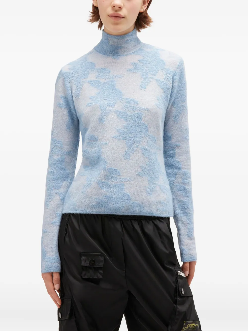 Ganni Flower-jacquard Mockneck Sweater In Blue