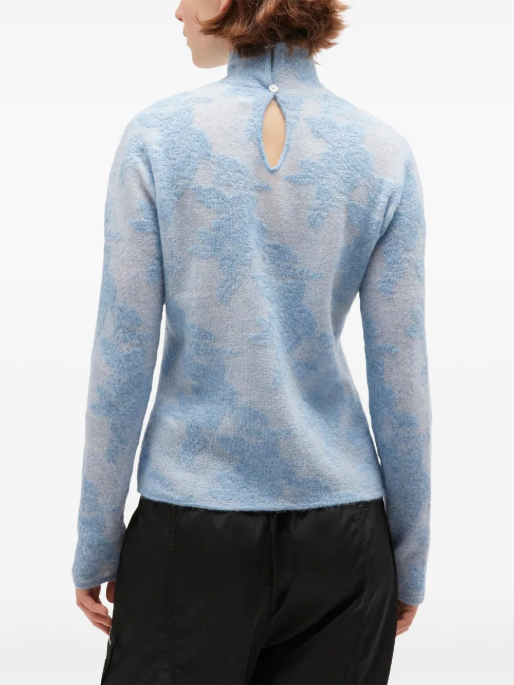 Ganni Flower-jacquard Mockneck Sweater In Blue