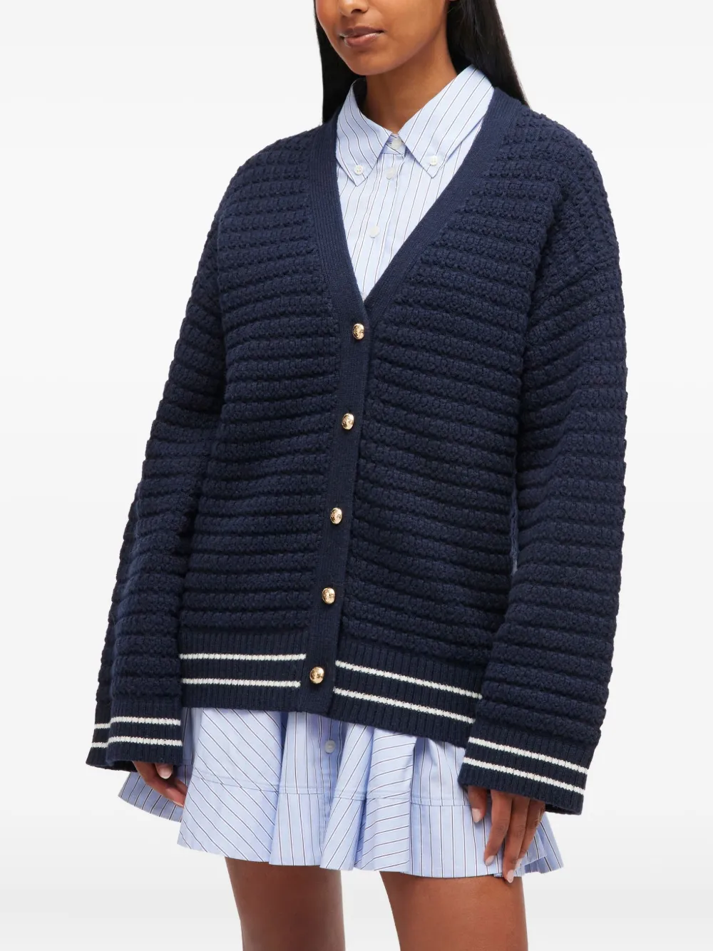 Ganni Striped-detail Cardigan In Blue