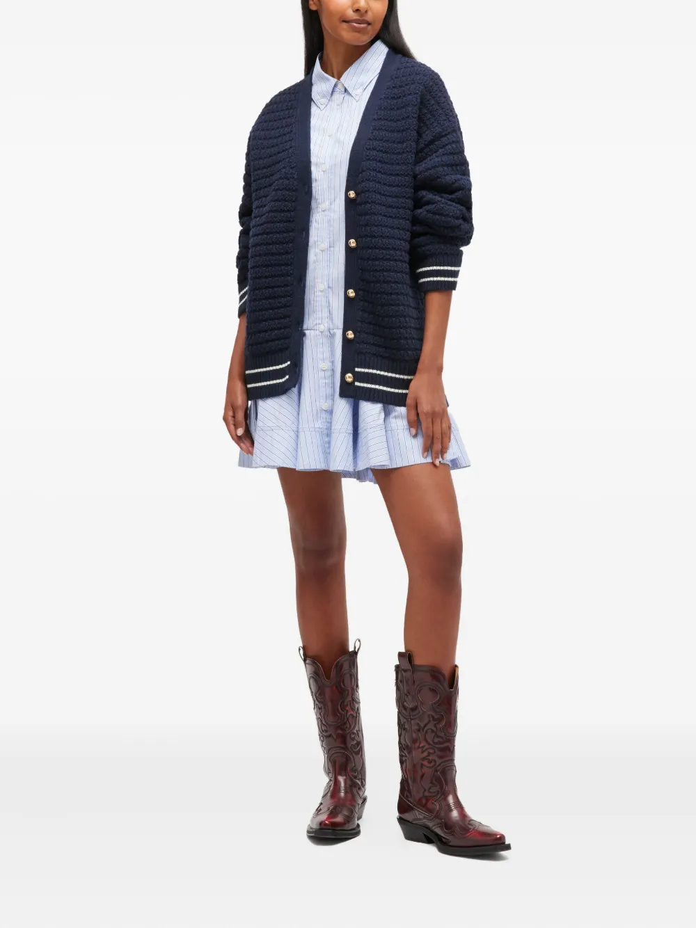 Ganni Striped-detail Cardigan In Blue