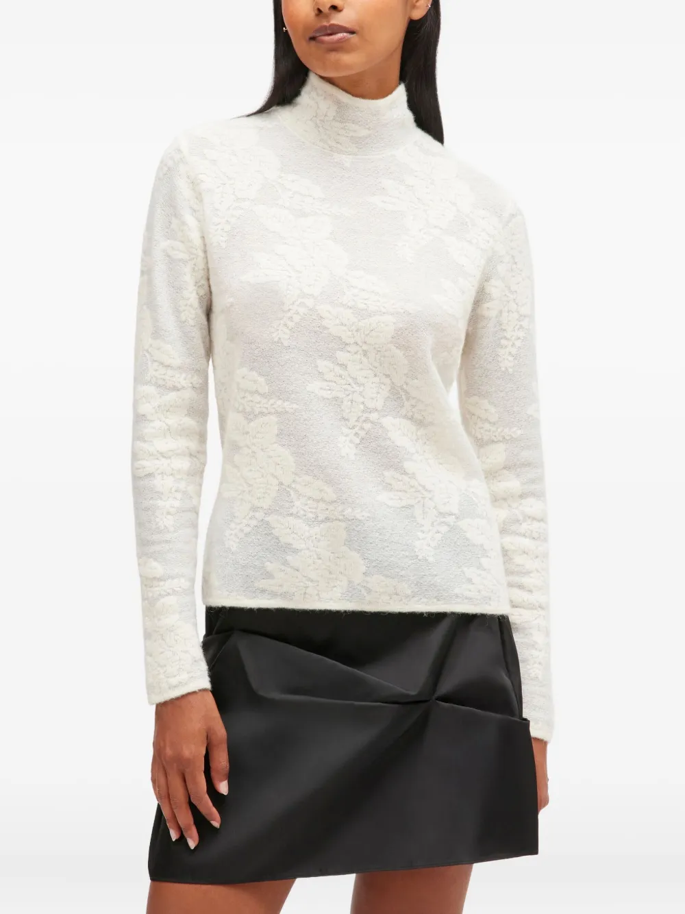 Ganni Flower Jacquard Mockneck Top In White
