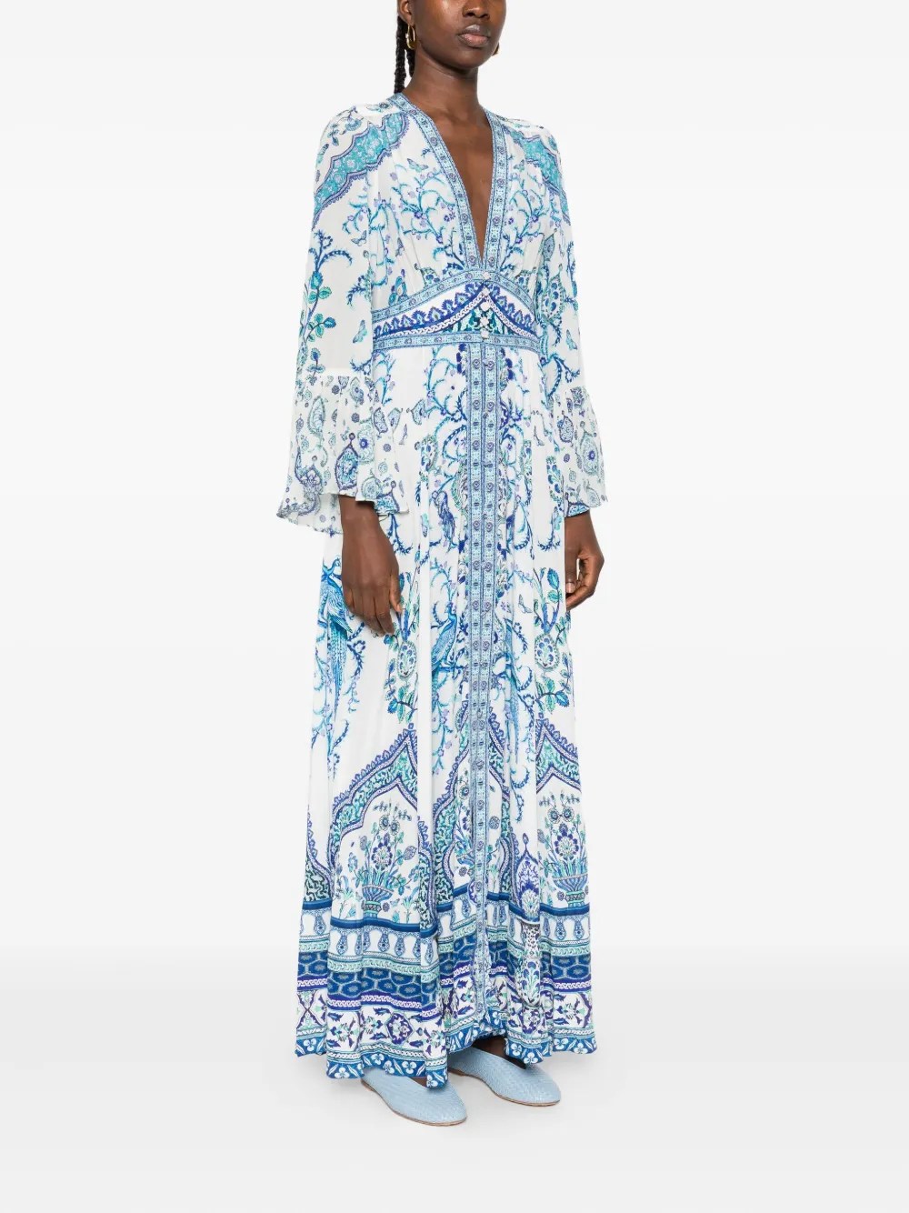 Camilla bell-sleeve paisley-print maxi dress Blauw