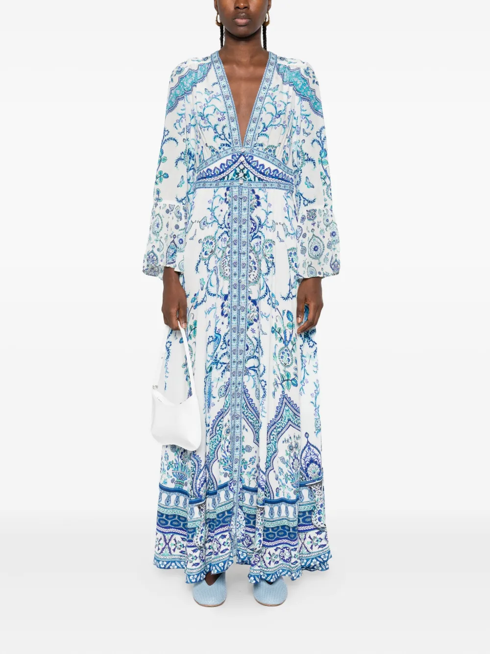 Camilla bell-sleeve paisley-print maxi dress Blauw