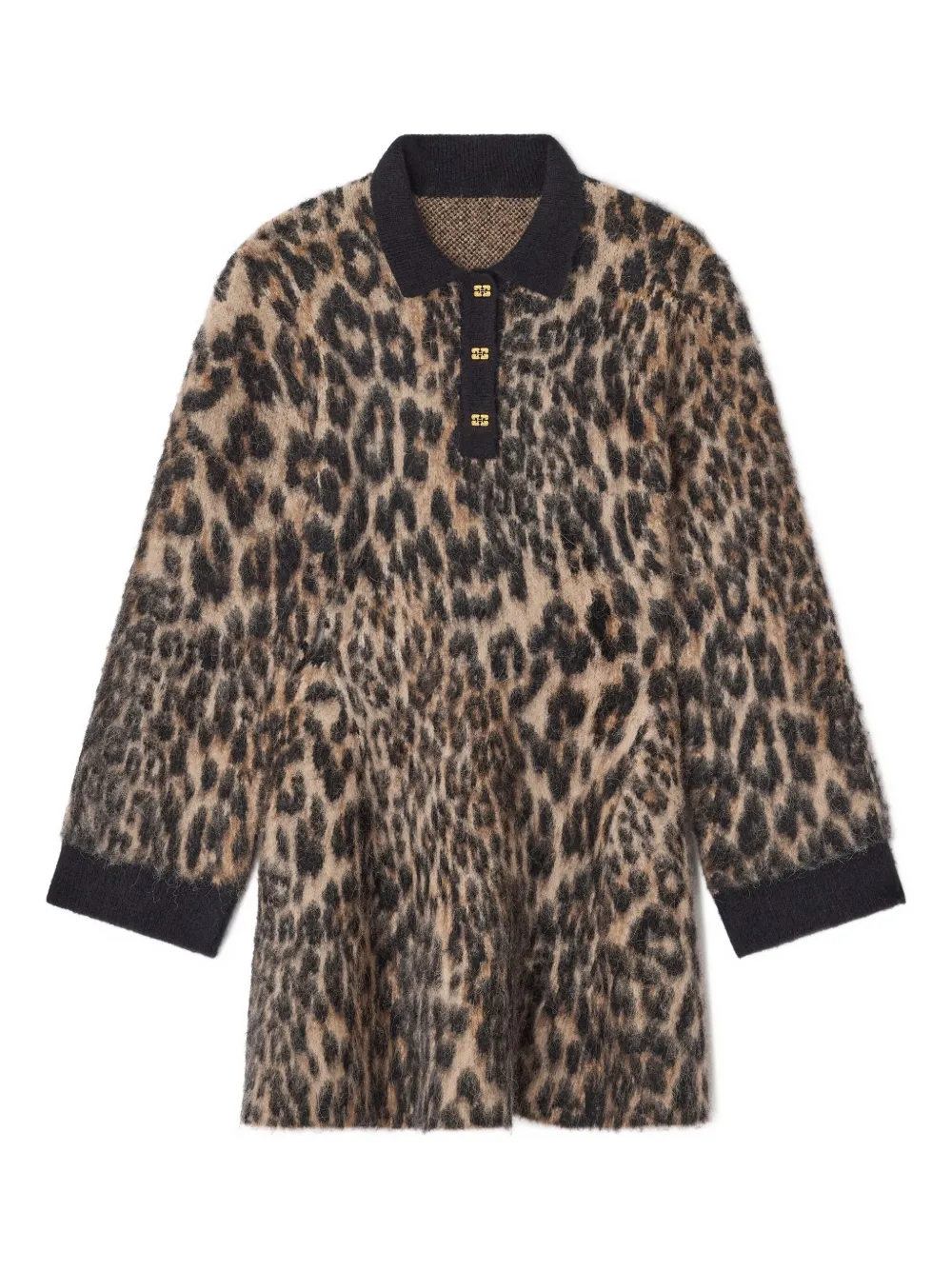 Ganni Leopard-print Button Mini Dress In Brown