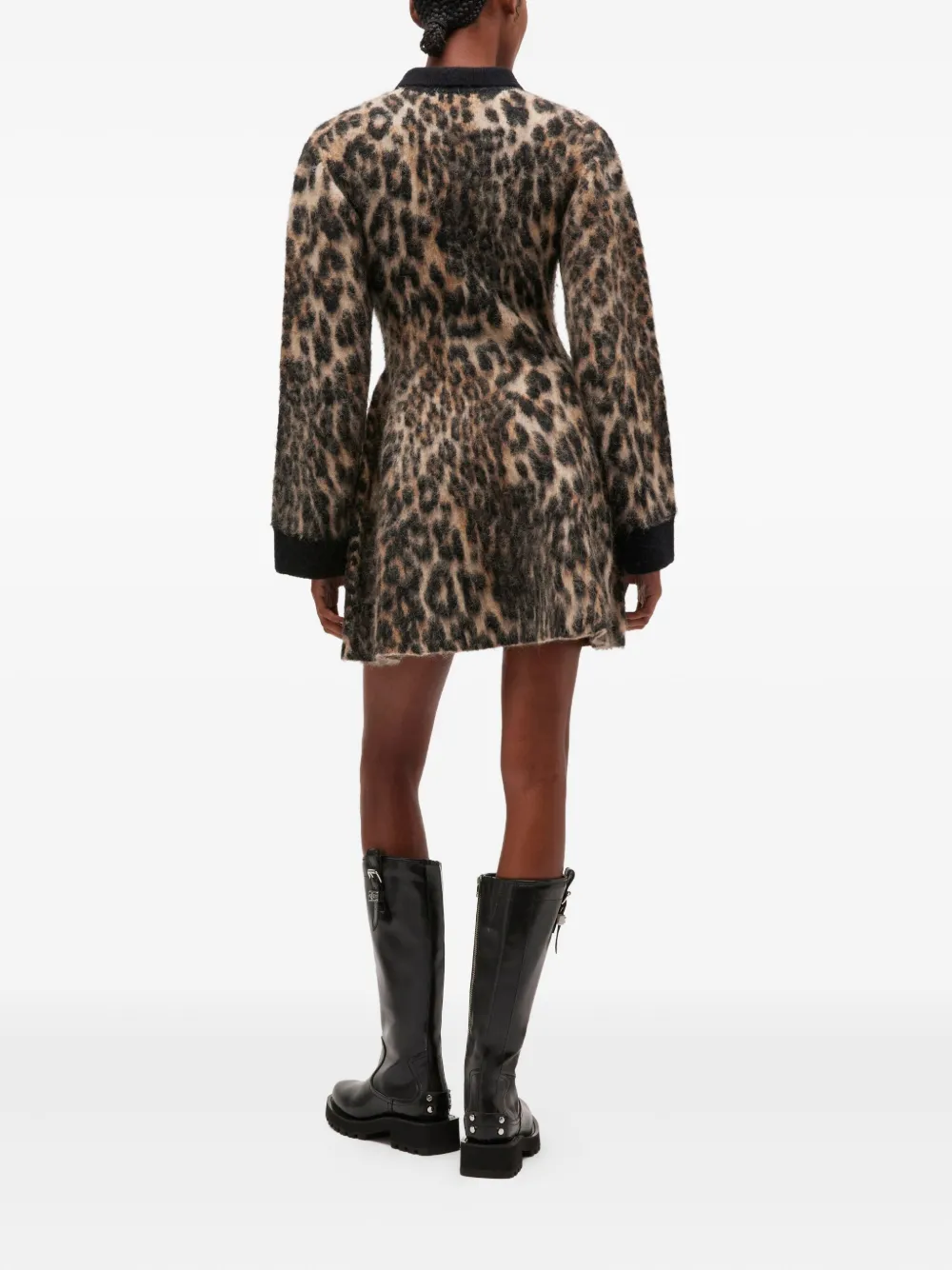 Ganni Leopard-print Button Mini Dress In Brown