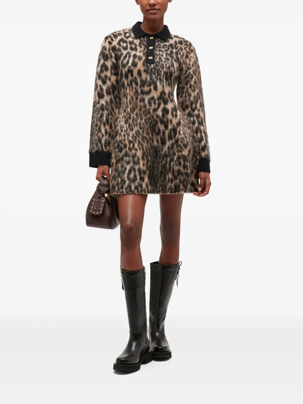 Ganni Leopard-print Button Mini Dress In Brown
