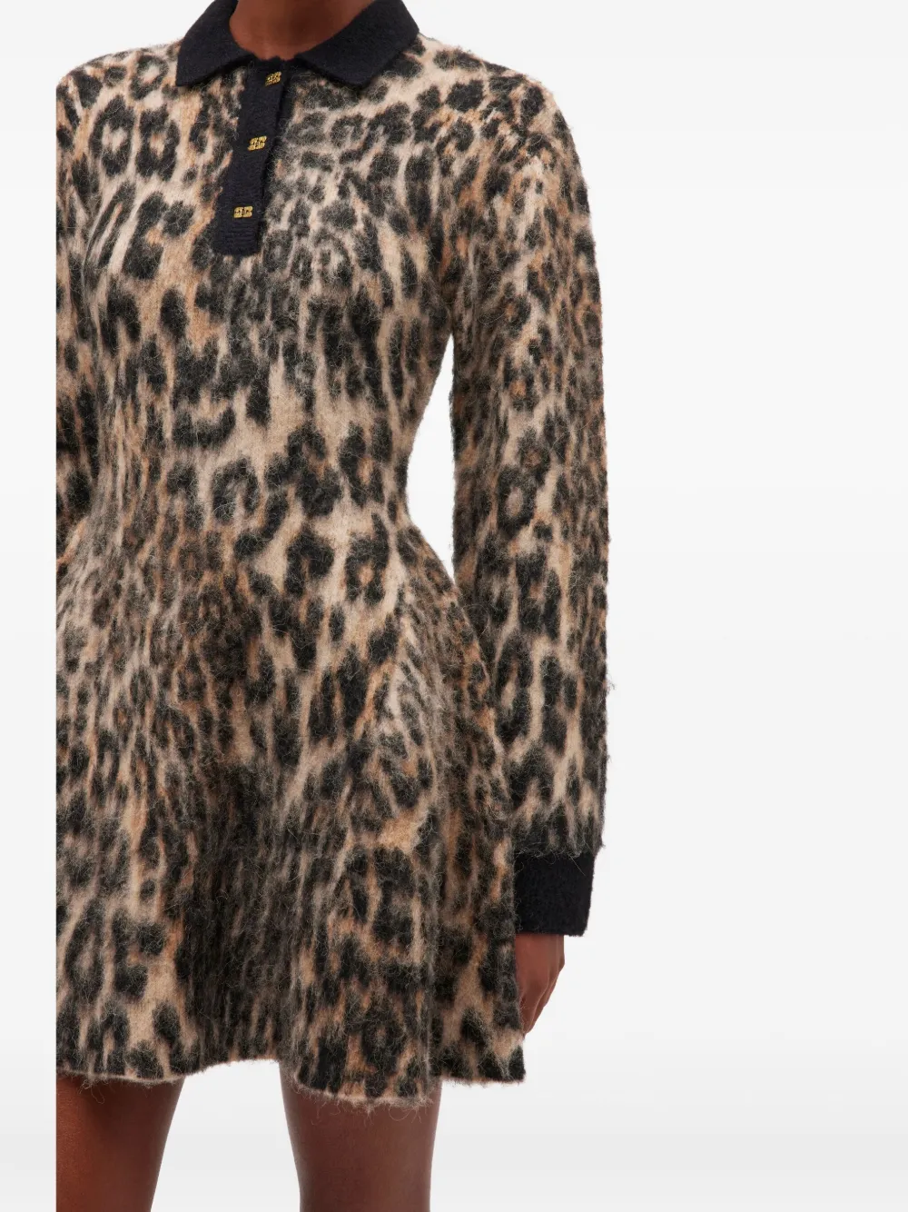Ganni Leopard-print Button Mini Dress In Brown