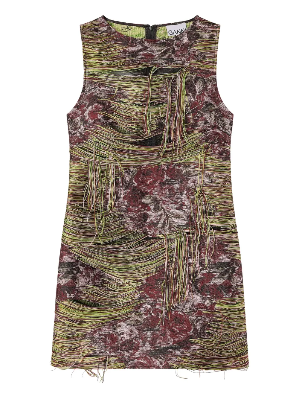 Ganni Tapestry Fringed Mini Dress In Multi