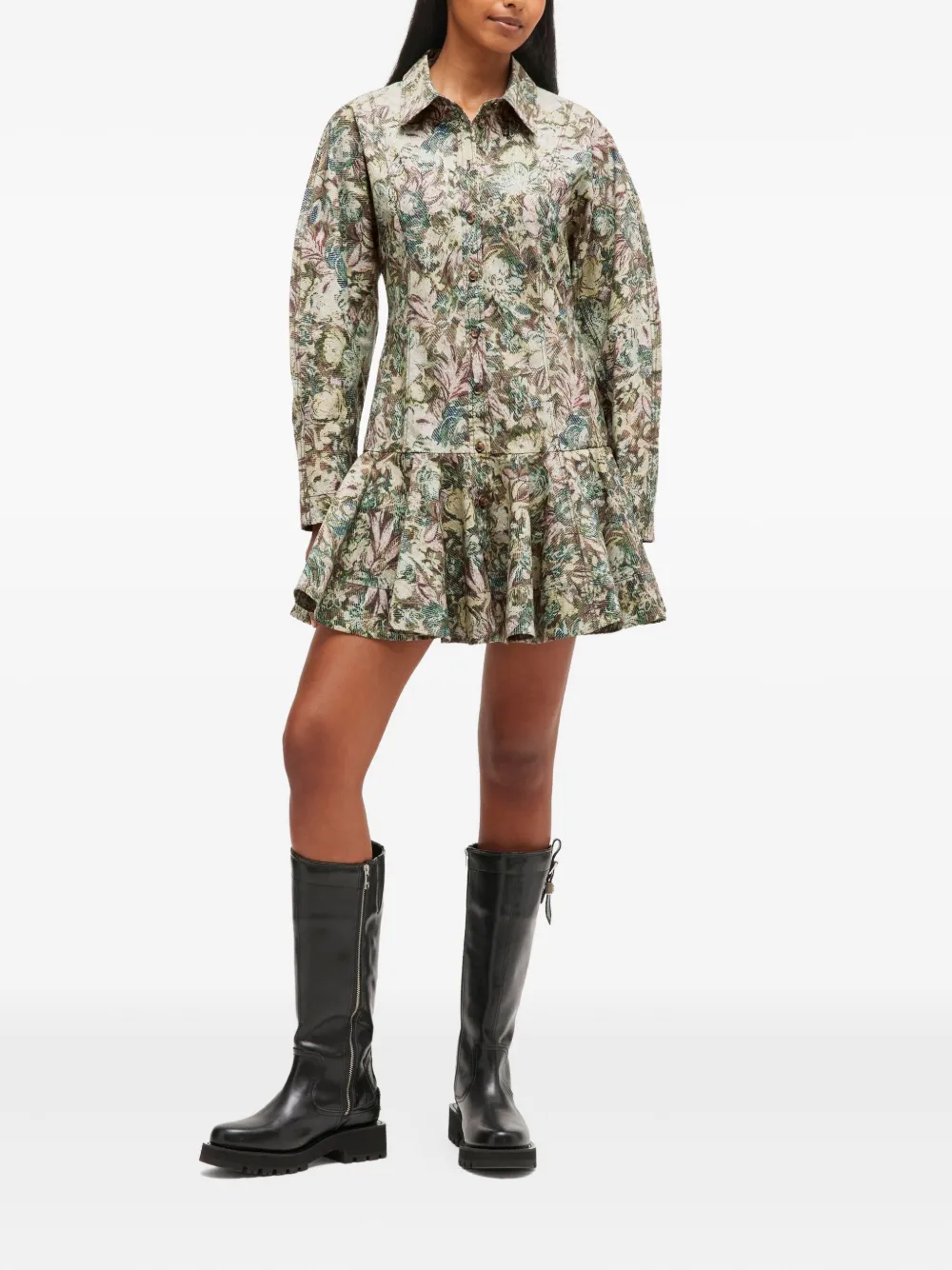 GANNI Jurk met bloemenprint en knopen - Beige