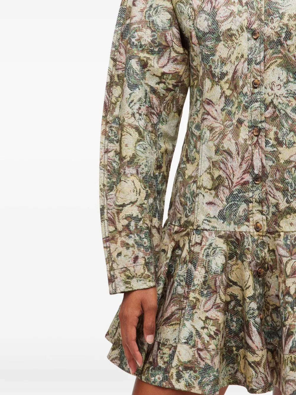 Ganni Floral-print Buttoned Dress In Neutral