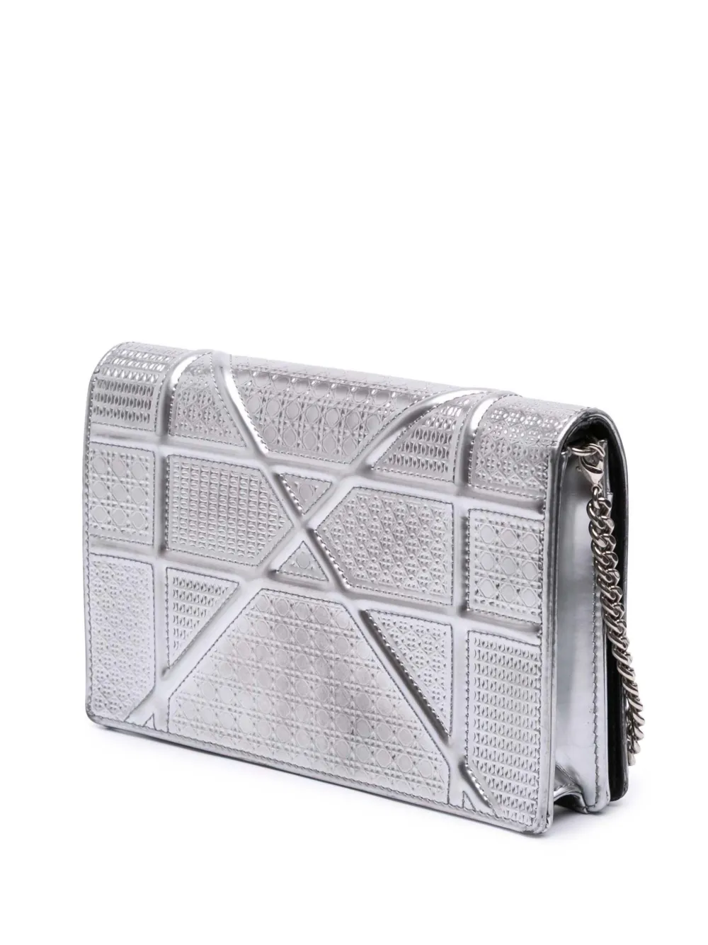 Pre-owned Dior 2018 Metallic Patent Microcannage Ama Wallet On Chain Crossbody Bag In Silver