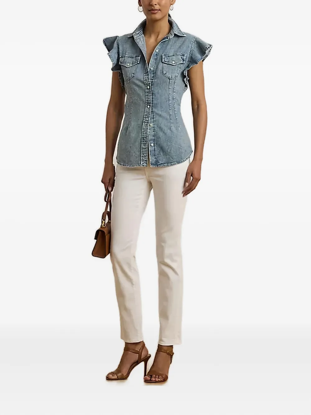 Ralph Lauren Ruffle-sleeve Denim Blouse In Blue