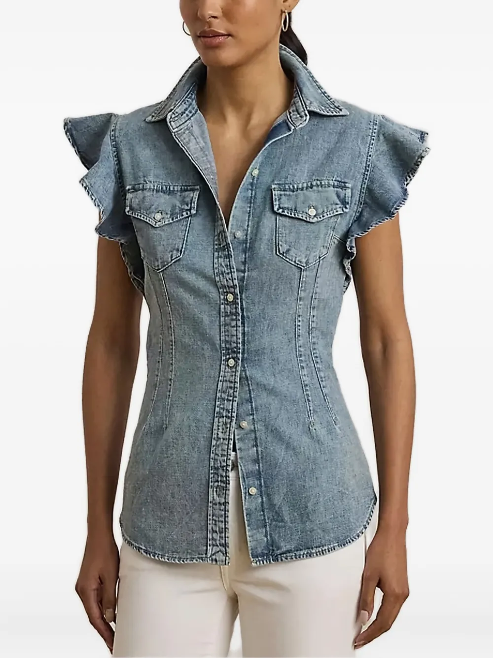 Ralph Lauren Ruffle-sleeve Denim Blouse In Blue