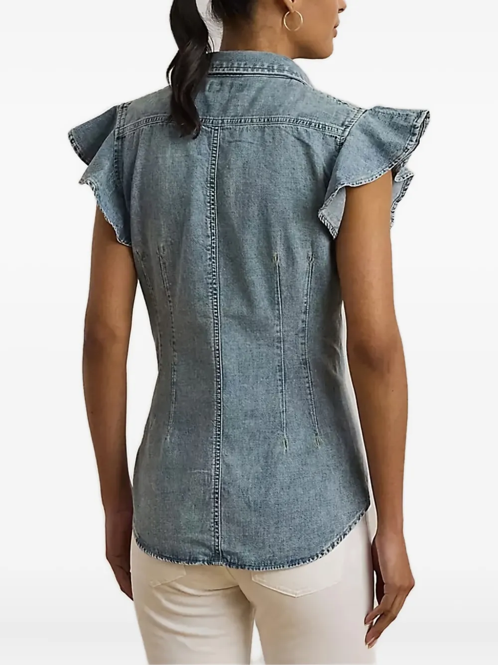 Ralph Lauren Ruffle-sleeve Denim Blouse In Blue