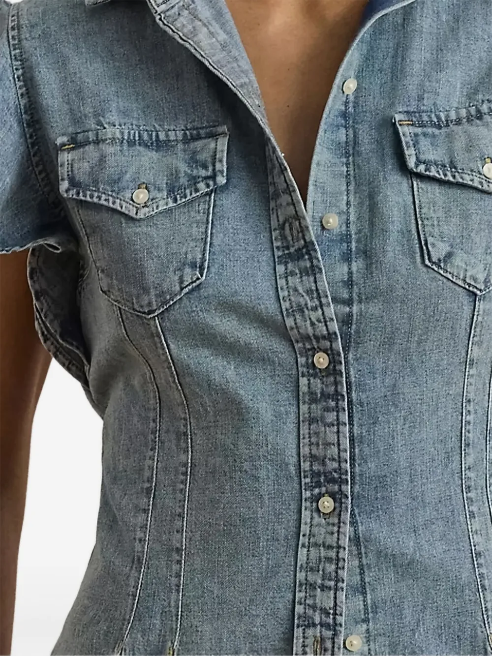 Ralph Lauren Ruffle-sleeve Denim Blouse In Blue
