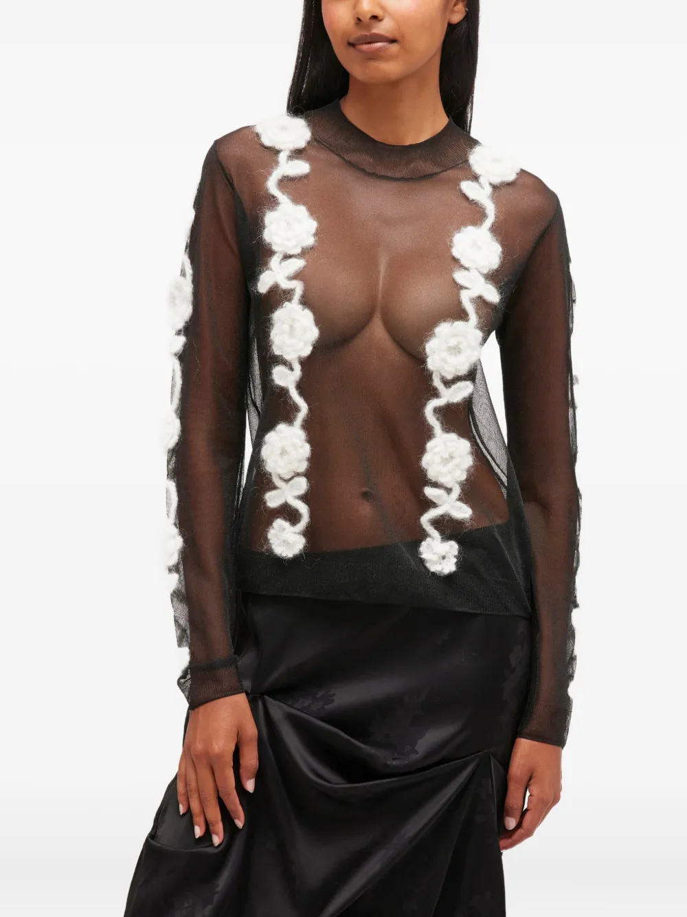 GANNI Mesh top met gehaakte bloemen Zwart