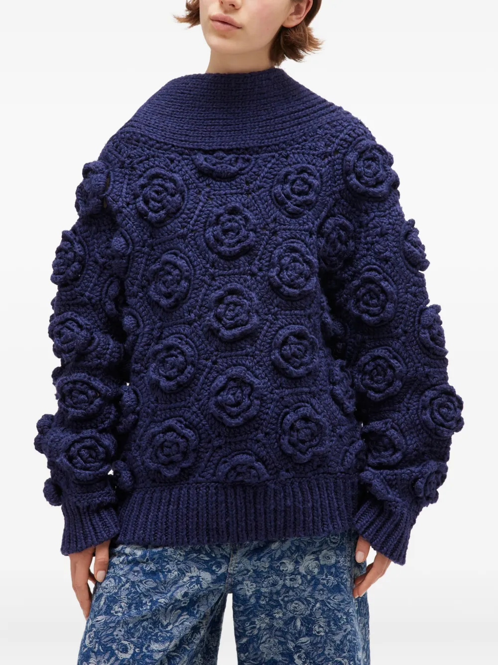 Ganni Crochet-detail Sweater In Blue