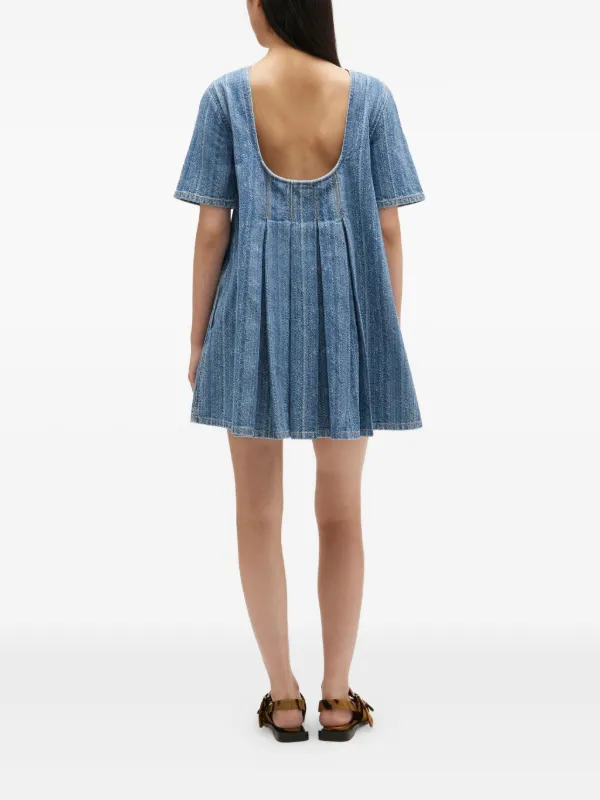 ganni puff sleeve denim dress GANNI Blue & White Denim Bleach Ruffle Mini Dress GANNI