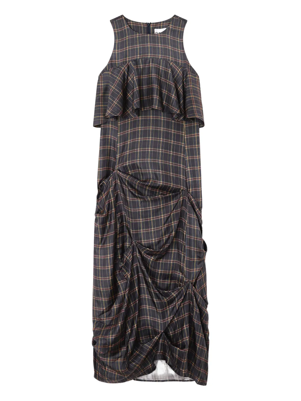 Ganni Ruffled Checked Midi Dress In Gray
