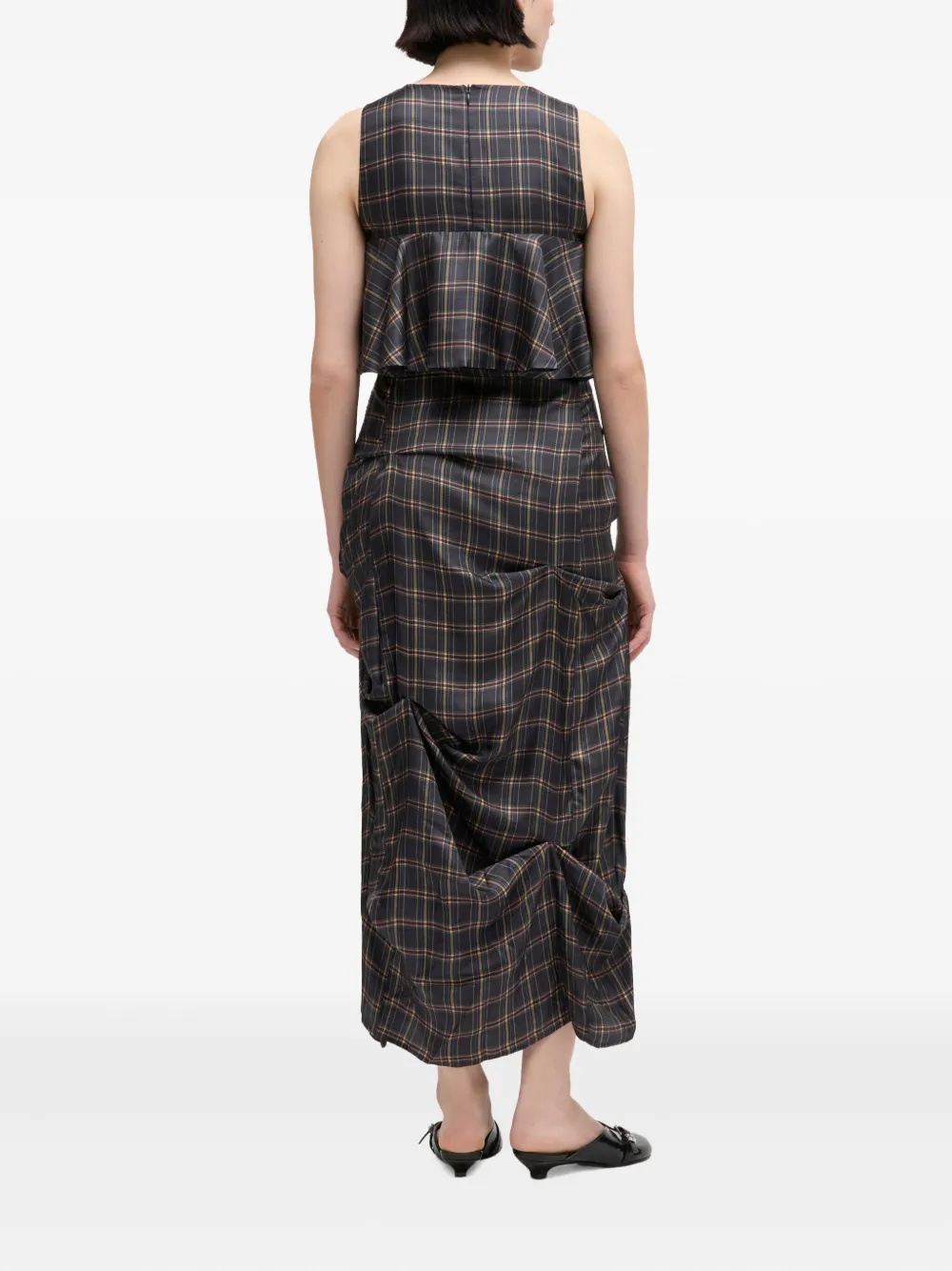 GANNI Geruite midi-jurk met ruches Grijs