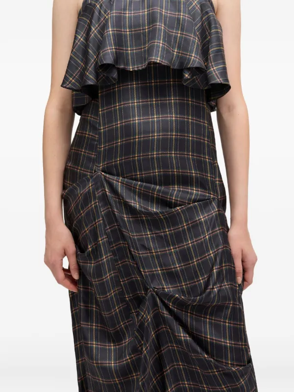 knee length dresses for ladies Ganni Seersucker Blue Check Cotton-Blend Shirred Midi Dress main image 0