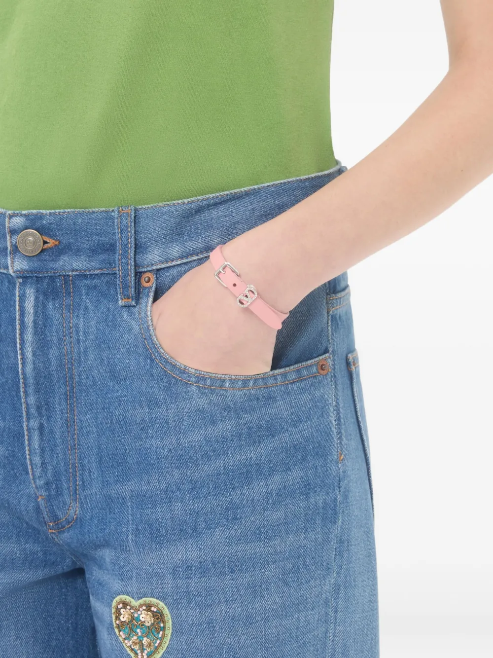 Valentino Garavani Ovalette Bracelet in Leather and Swarovski Crystals in Pink, view 2