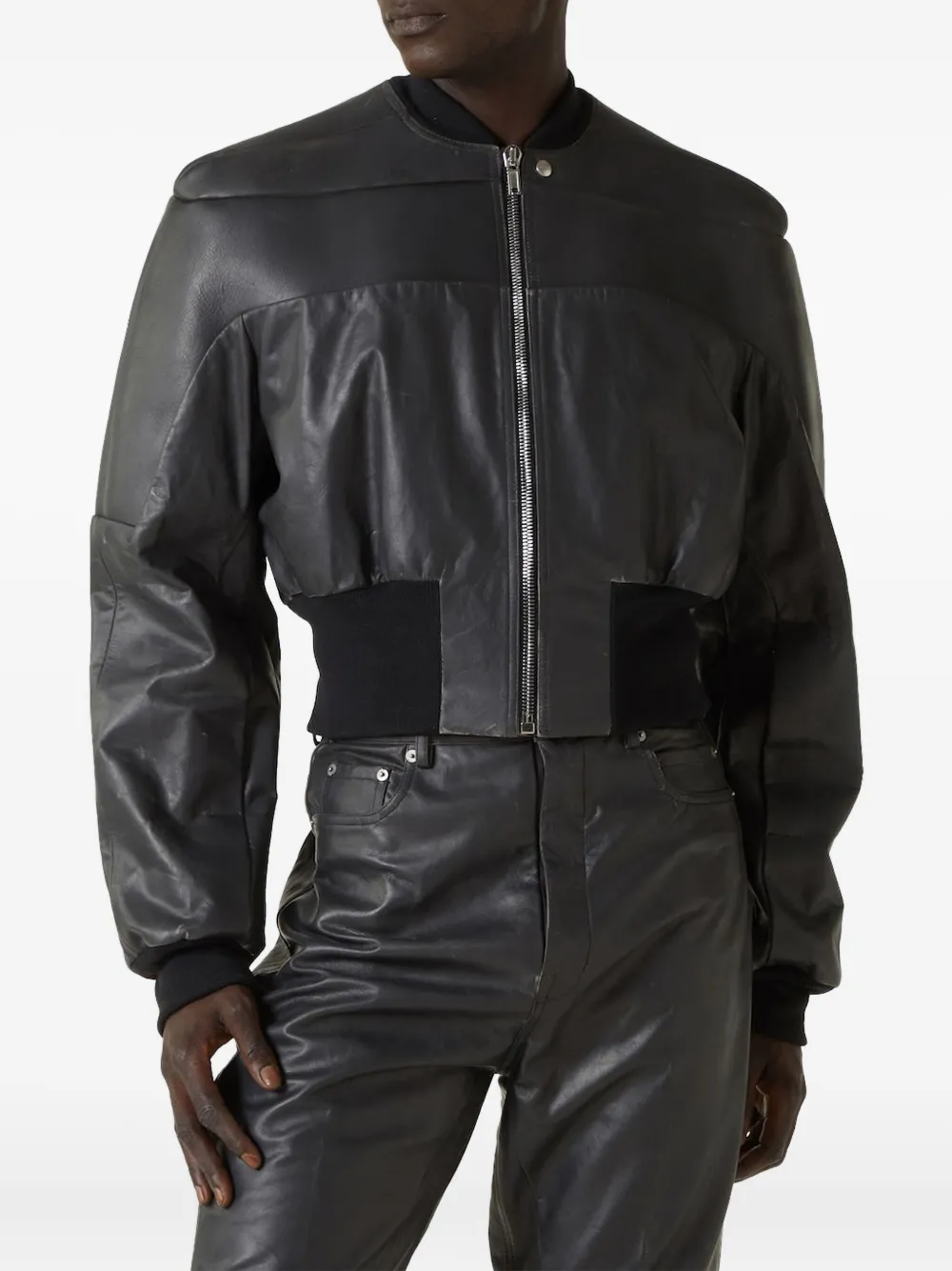 Rick Owens Black Hollywood Girdered Leather Bomber Jacket In Black