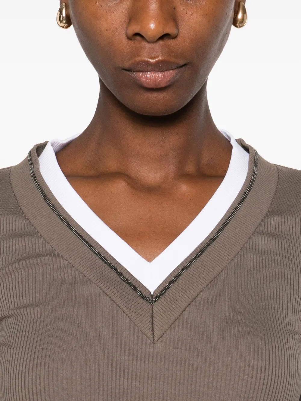 Brunello Cucinelli ribbed V-neck embellished T-shirt Groen