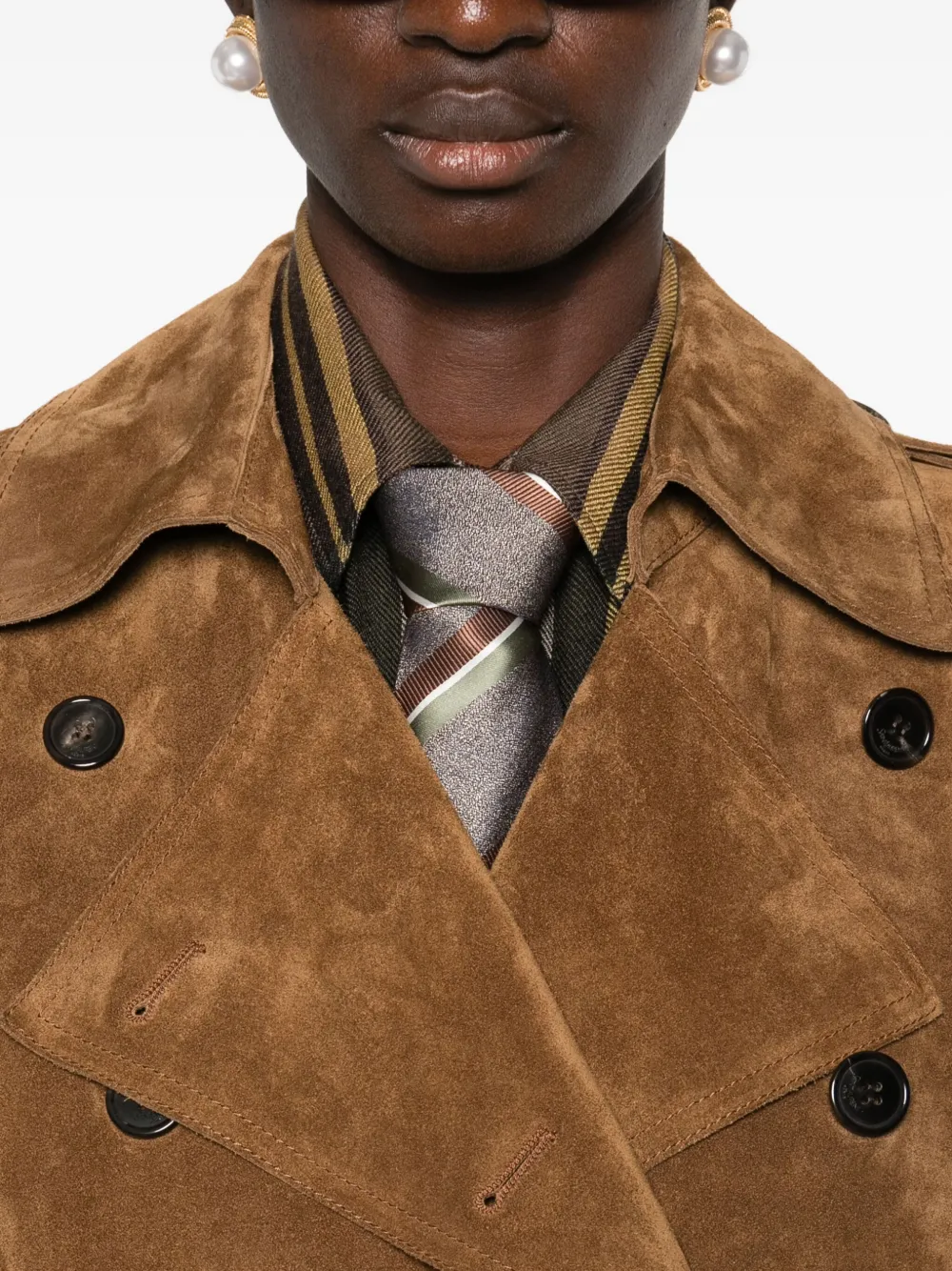 Saint Laurent Suède jas met dubbele rij knopen Bruin