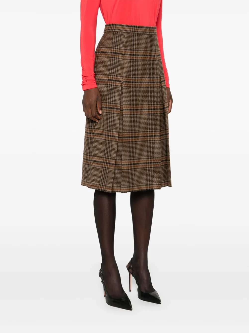  Saint Laurent Pleated Check Midi Skirt - Brown 