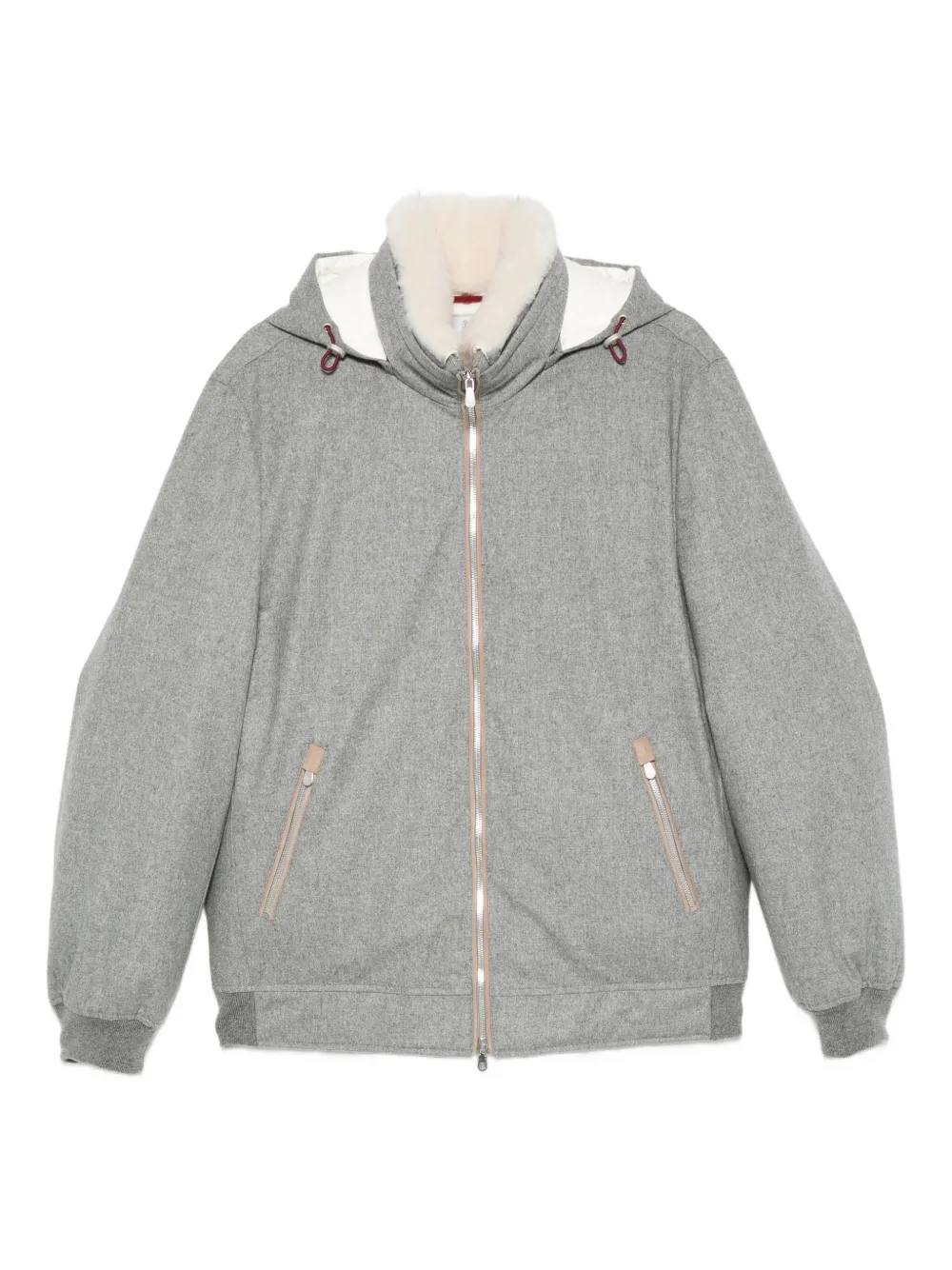 Brunello Cucinelli Men Membranated Wool Flannel Down Jacket With Shearling-lined Collar In Gray