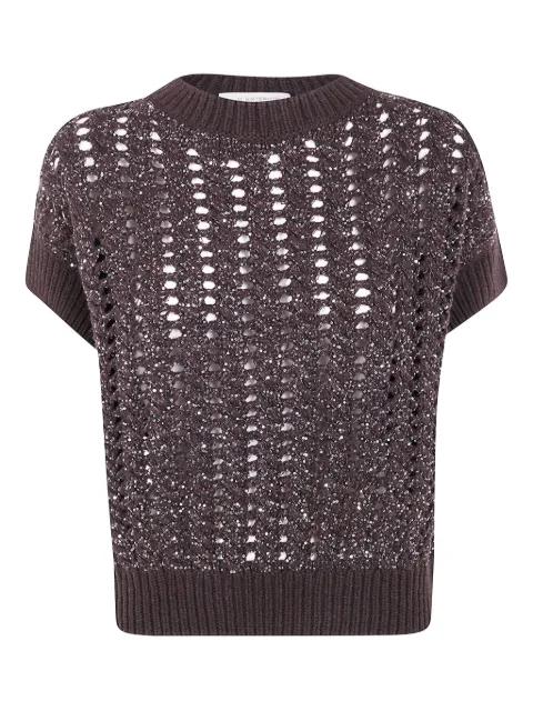 D.Exterior sequin-embellished open-knit sweater