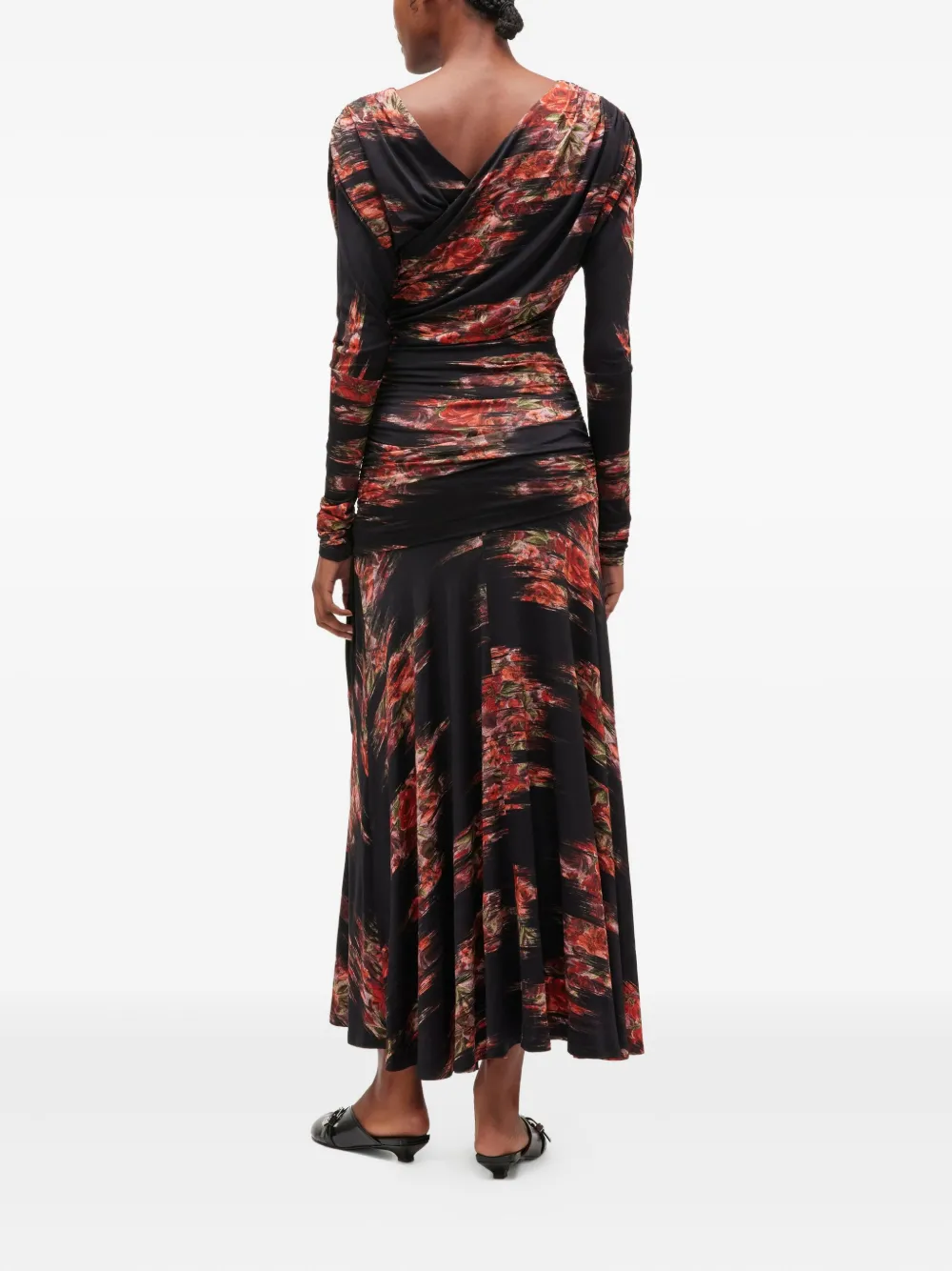 Ganni Floral Ruched Jersey Maxi Dress In Black